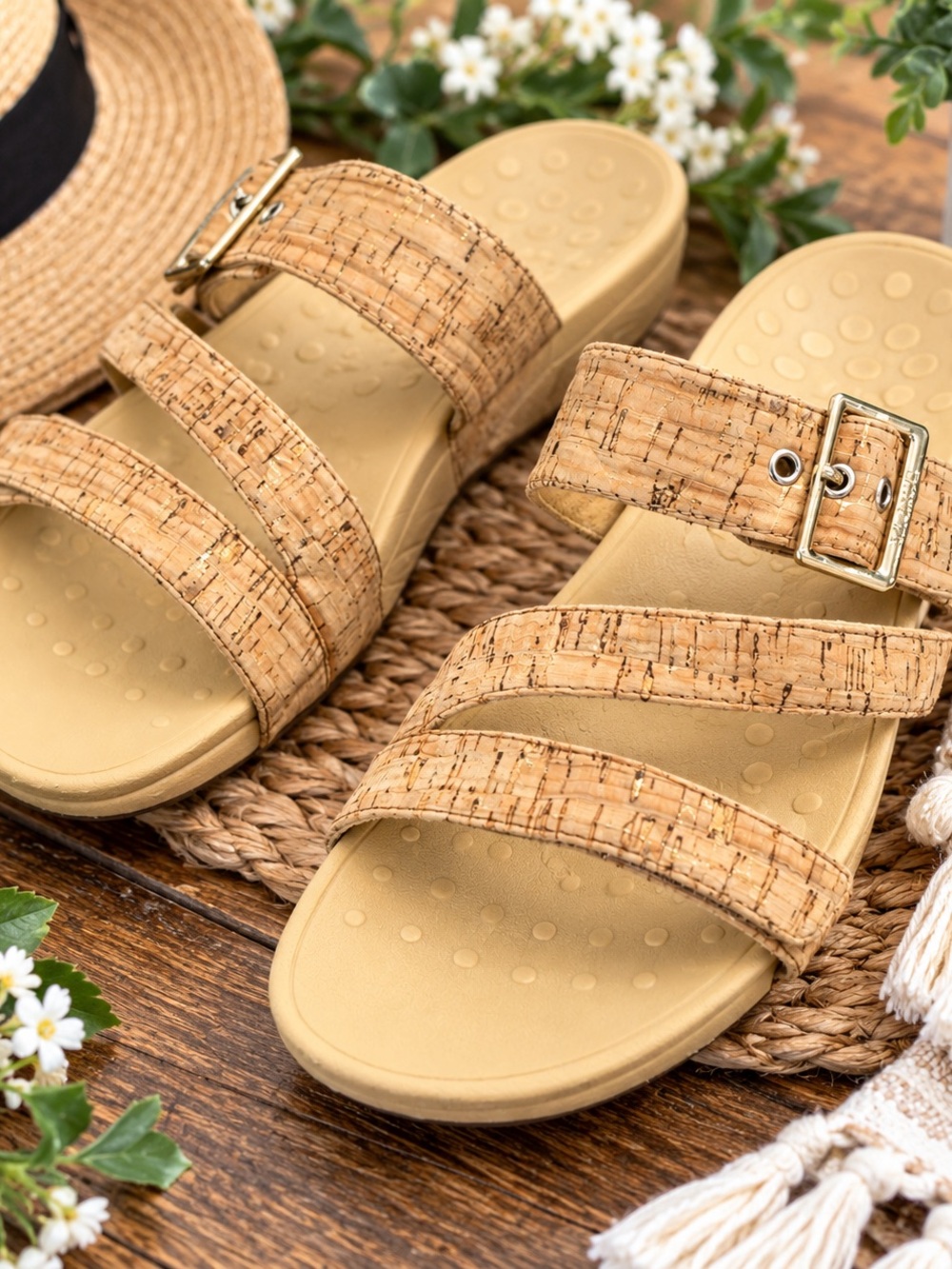 Vionic Pacific Rio Gold Cork Multi Strap Orthotic Comfort Slide Sandals Size 11
